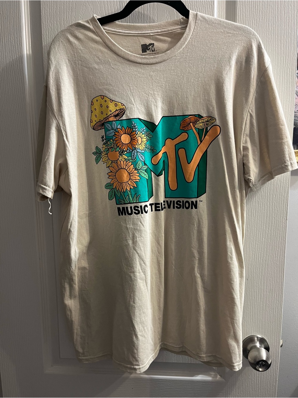 MTV Music Television Logo Graphic Print T-Shirt Beige Cotton Men's XL Crew